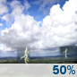 Tuesday: A chance of showers and thunderstorms before 4pm, then a chance of showers and thunderstorms. Mostly sunny, with a high near 87. South wind 2 to 6 mph. Chance of precipitation is 50%. New rainfall amounts less than a tenth of an inch possible. Tuesday: Chance Showers And Thunderstorms